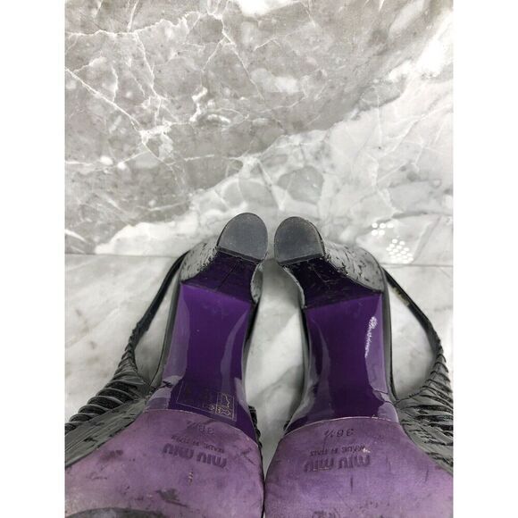 MIU MIU Black Patent Leather Peep Ankle Strap Platform Stiletto Heels Women 38.5 - Picture 15 of 16